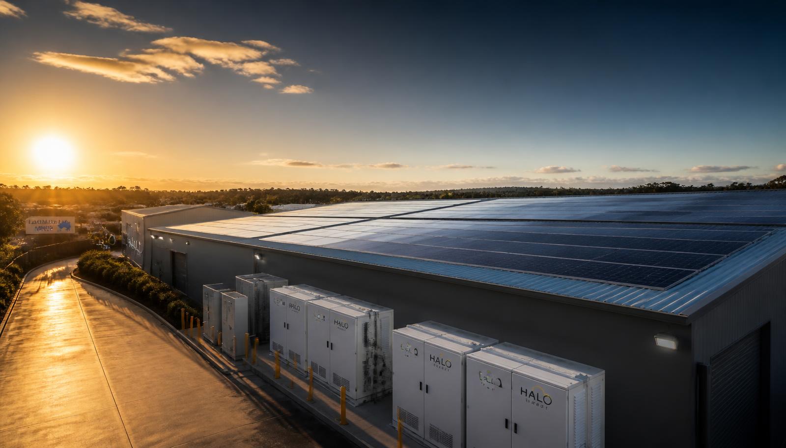 Commercial warehouse rooftop solar array with battery storage cabinets in New South Wales